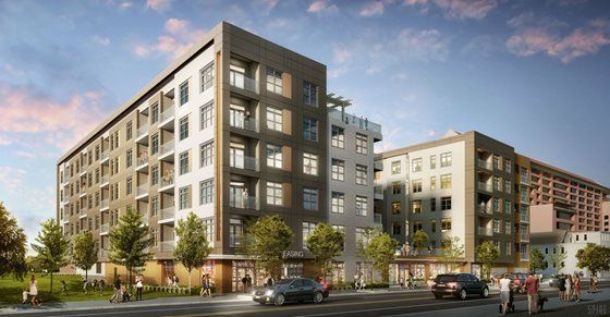 Modern apartment buildings on a city street with people and cars, rendered in shades of brown and gray.