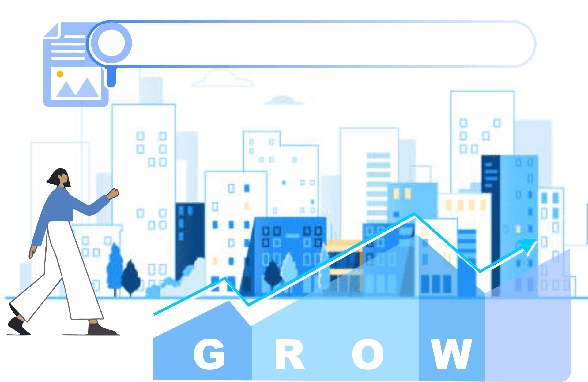 Woman walking towards a city skyline with rising growth graph;