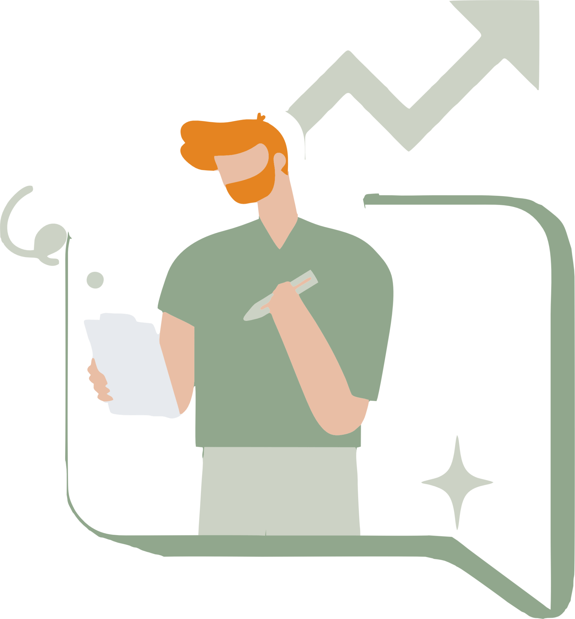 Man with red hair and beard, writing in a notebook, in a speech bubble with an upward trend arrow.