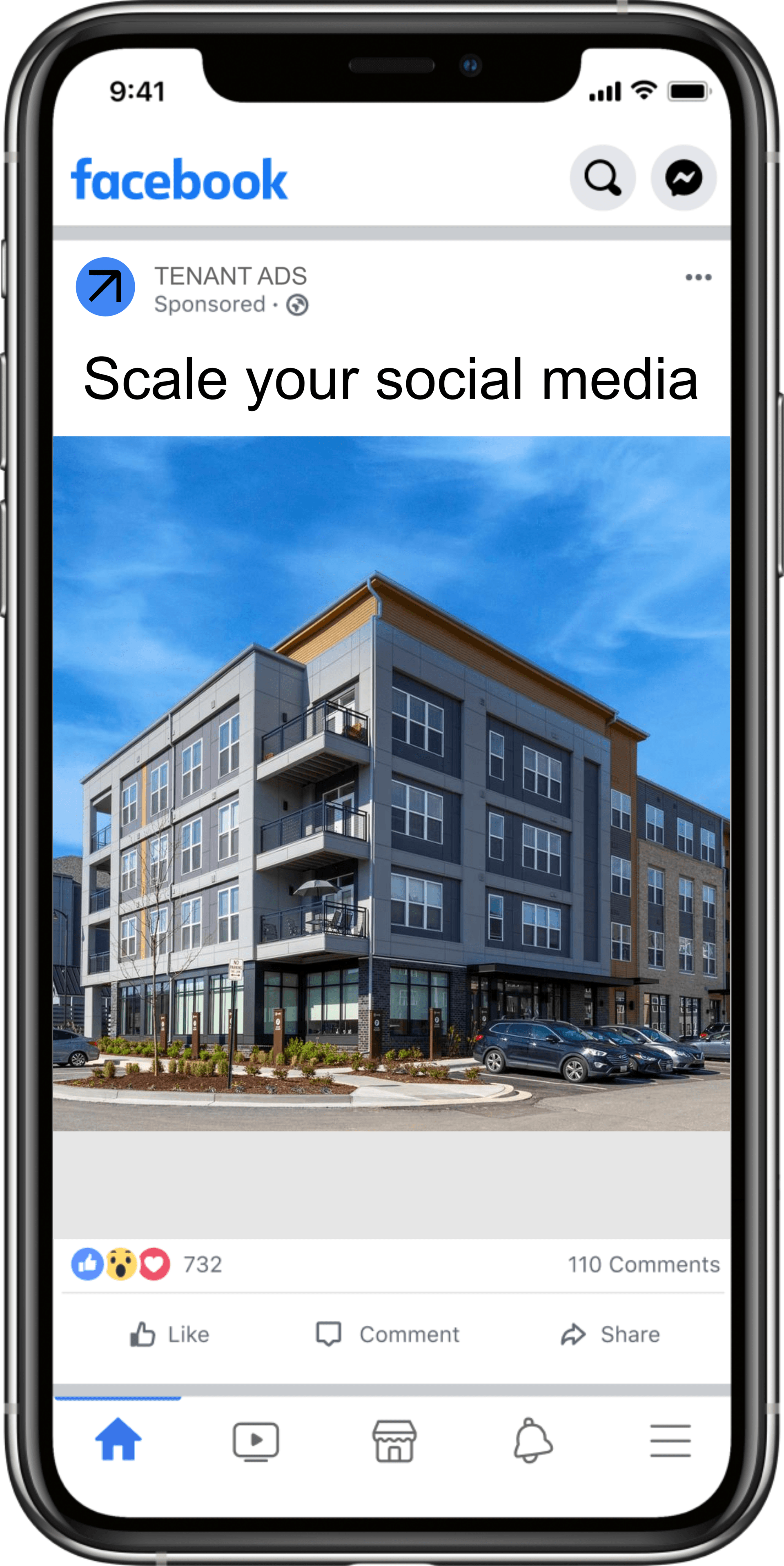 Facebook ad on a phone promoting social media scaling services. Features a picture of a modern apartment building.