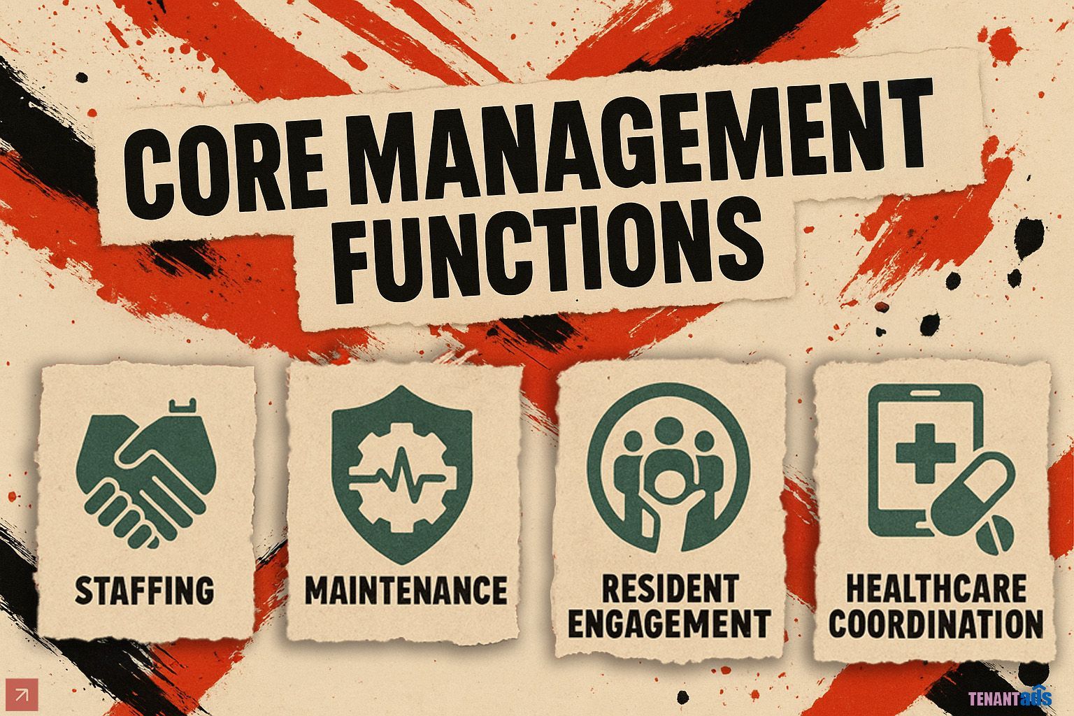 Core management functions: Staffing, Maintenance, Resident Engagement, Healthcare Coordination; icons with text on distressed background.