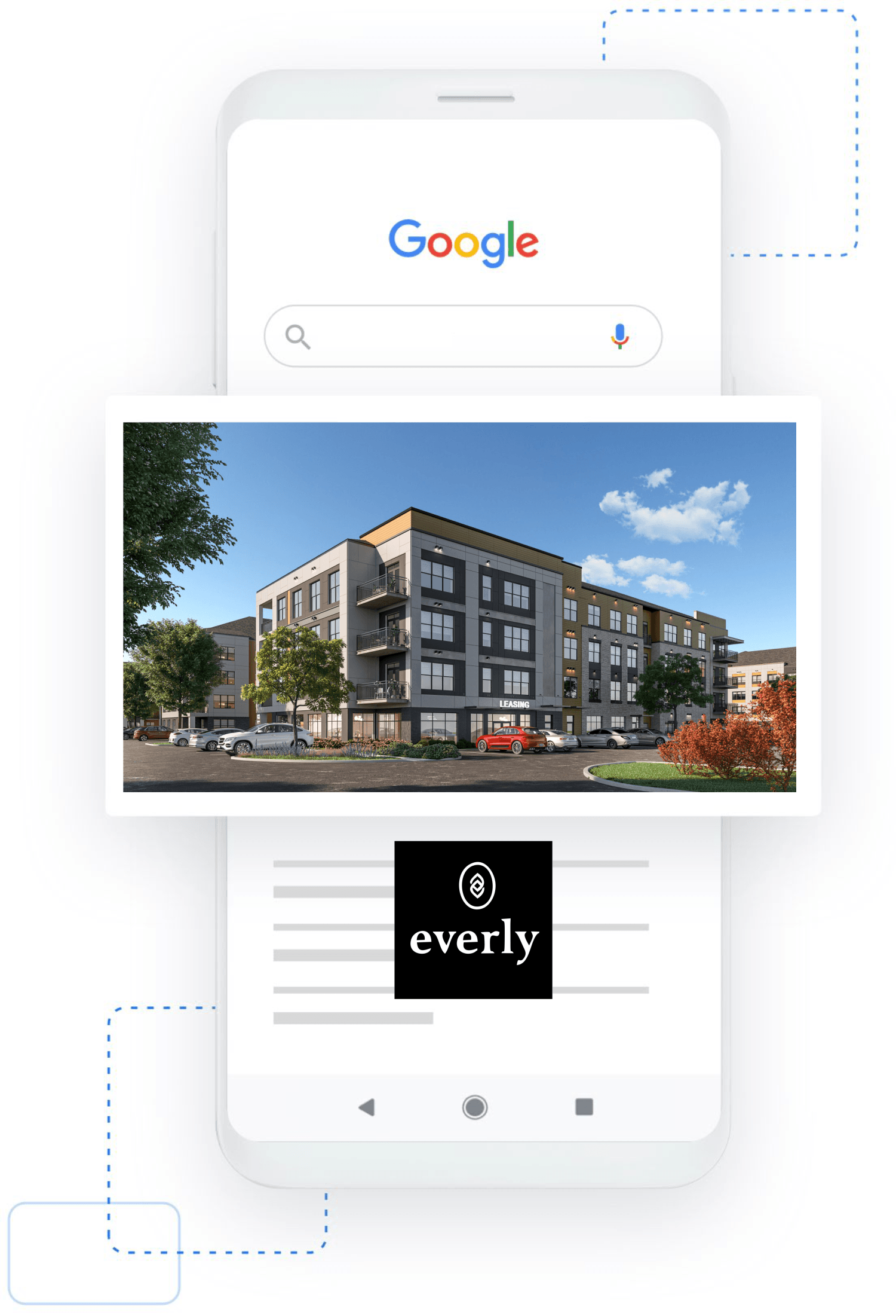 Smartphone screen showing Google search results for a multi-story apartment building, and a website page featuring the Everly logo.