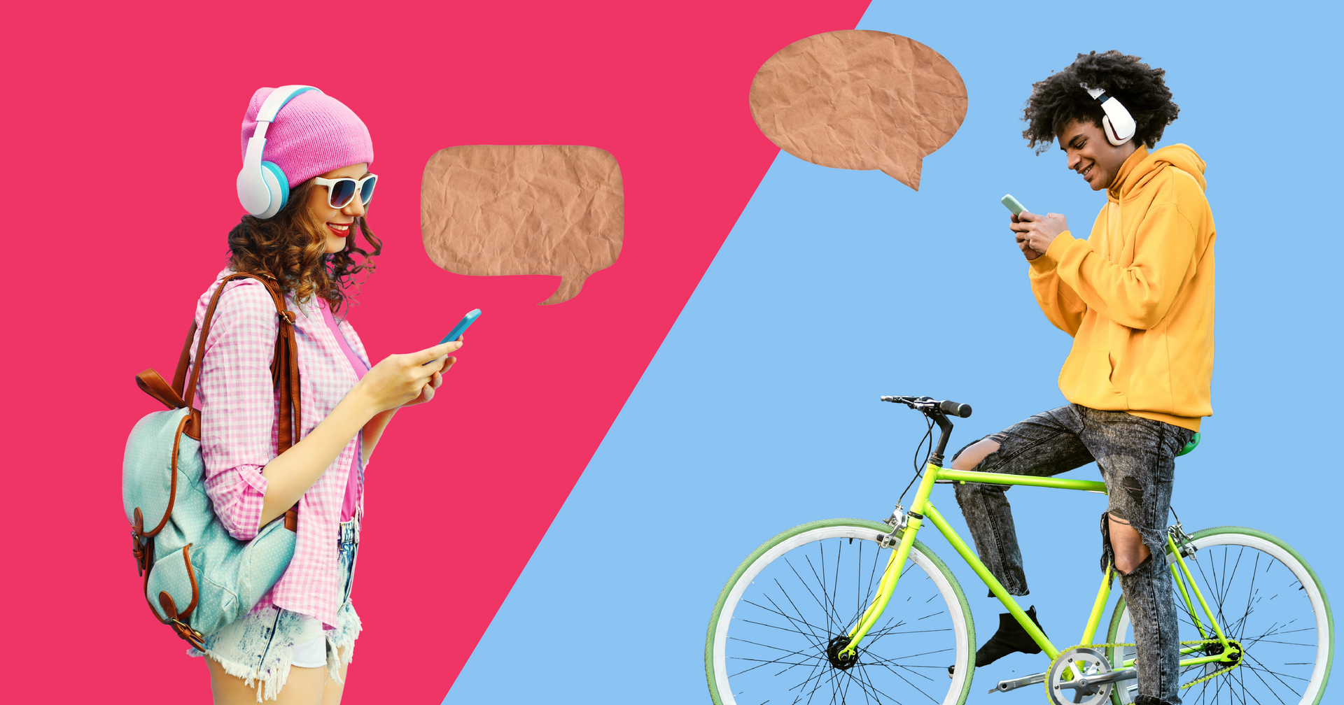 Woman and man texting, each wearing headphones, with speech bubbles. Pink and blue background.