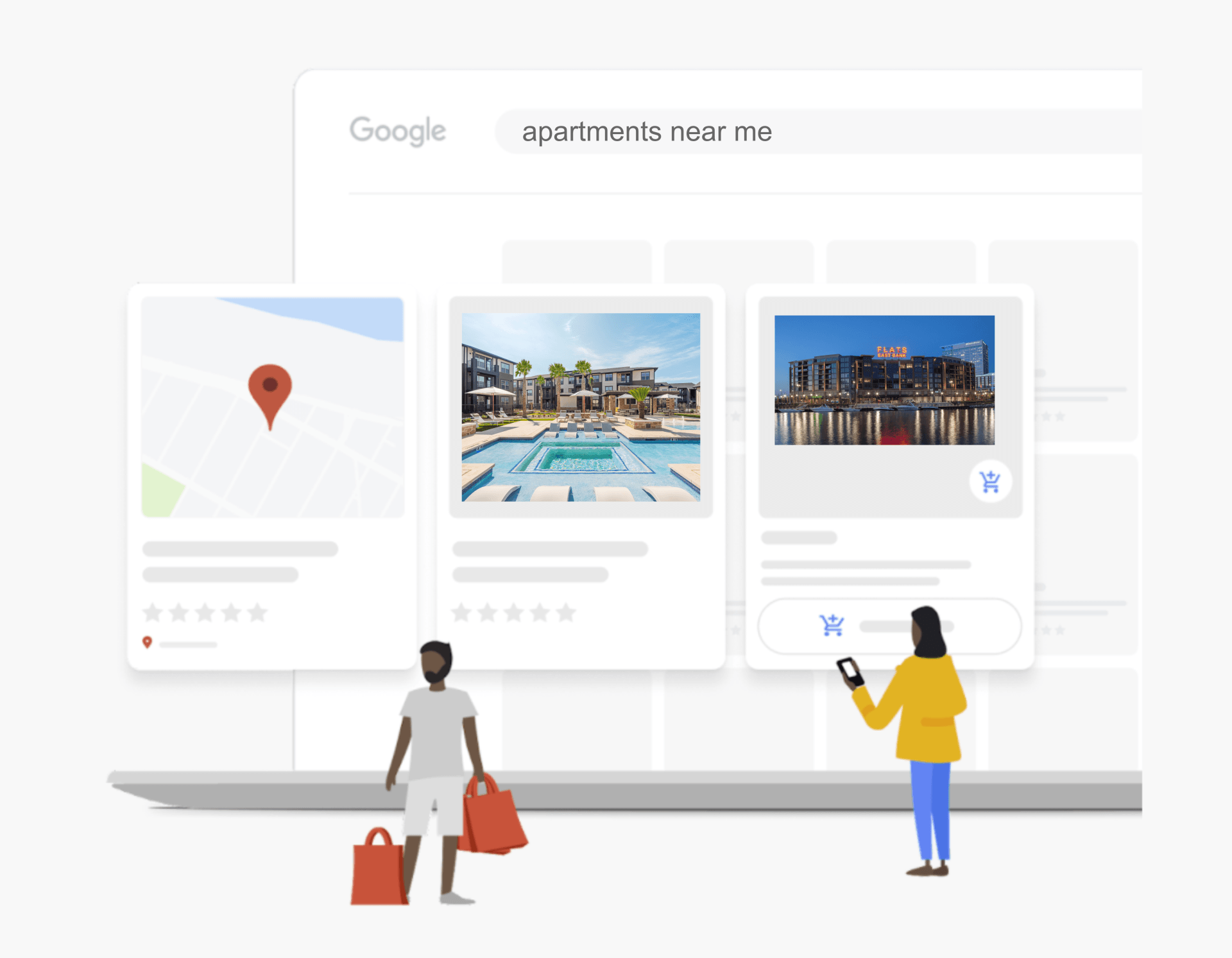 People searching for apartments on Google. Three listings displayed with map and photos.