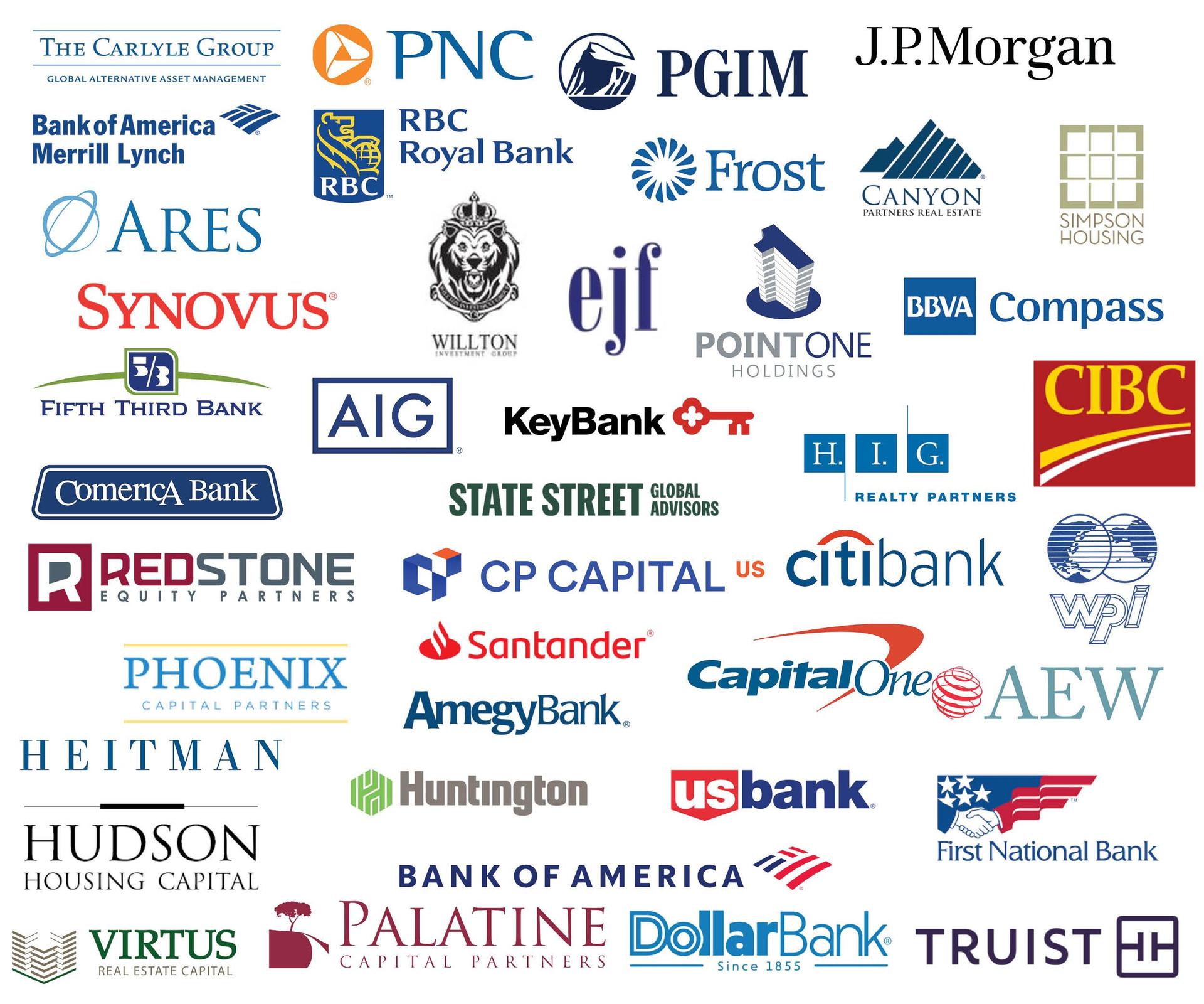 Logos of various financial institutions, including banks and investment firms.