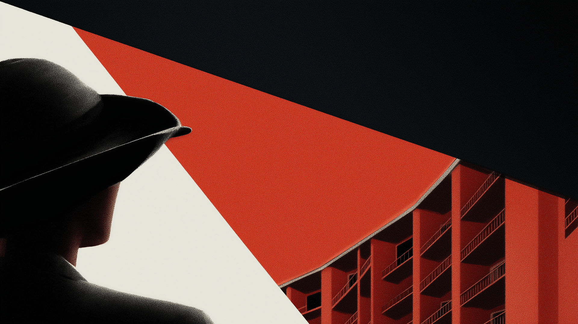 Woman in a hat looks towards a red building, set against a black and white geometric backdrop.