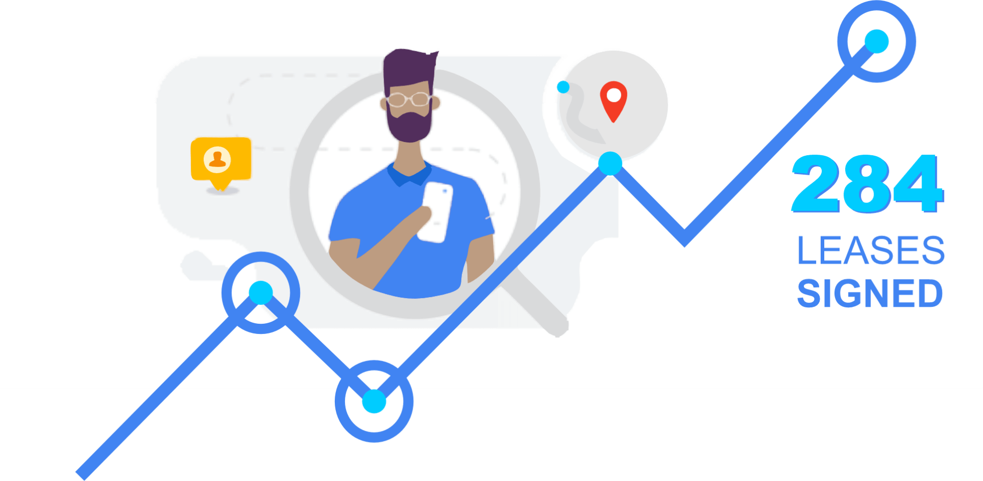 A graph showing the number of leases signed. In the background, a person with a beard is holding a phone.