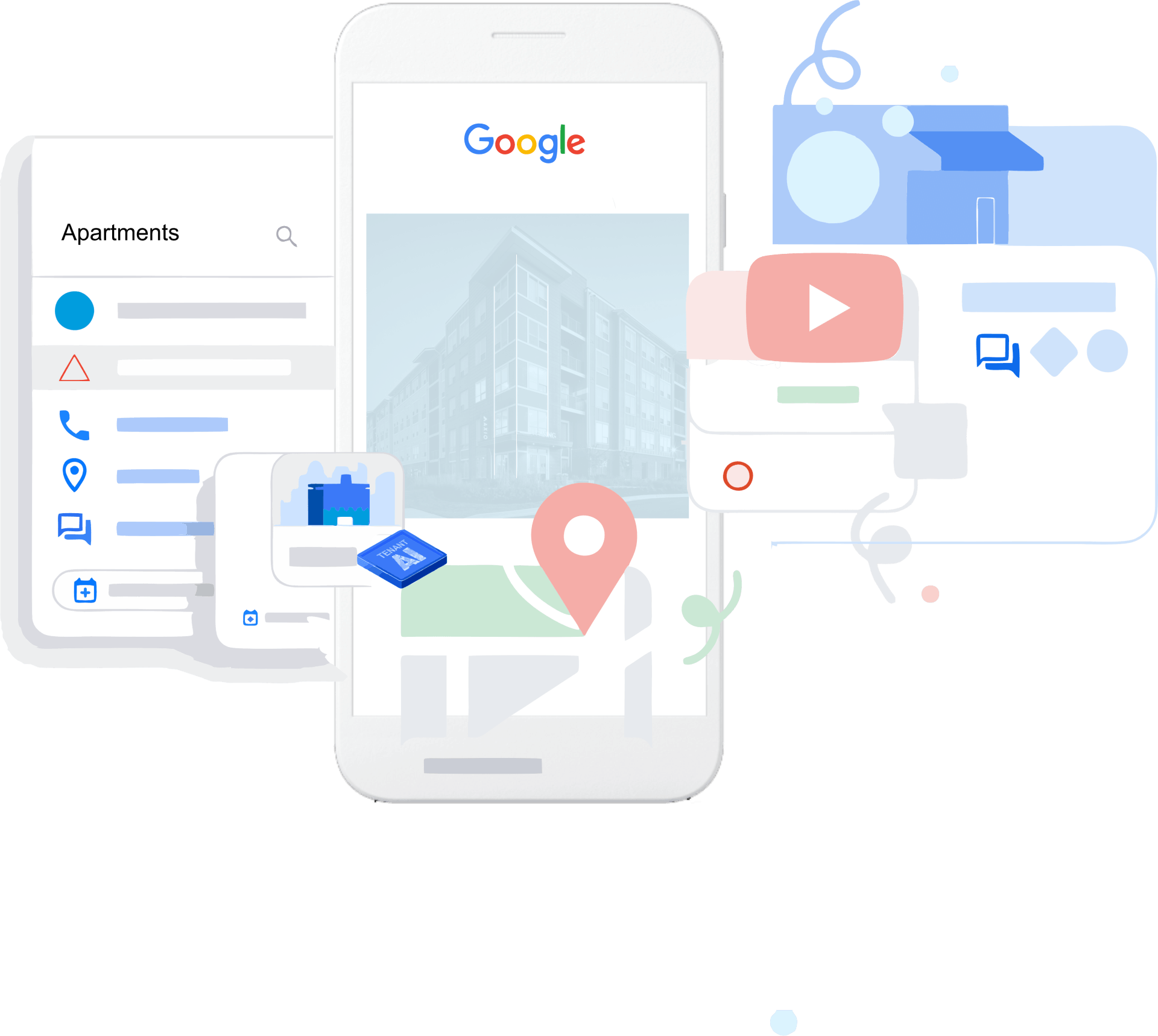 A phone displays a Google search for apartments, with a map, videos, and business info.