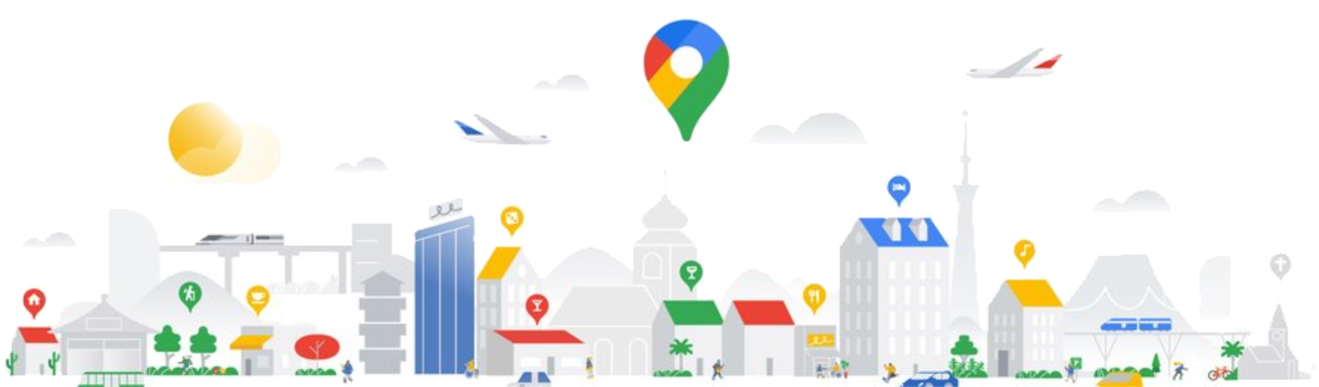 Stylized cityscape with Google Maps pin, planes, and icons.