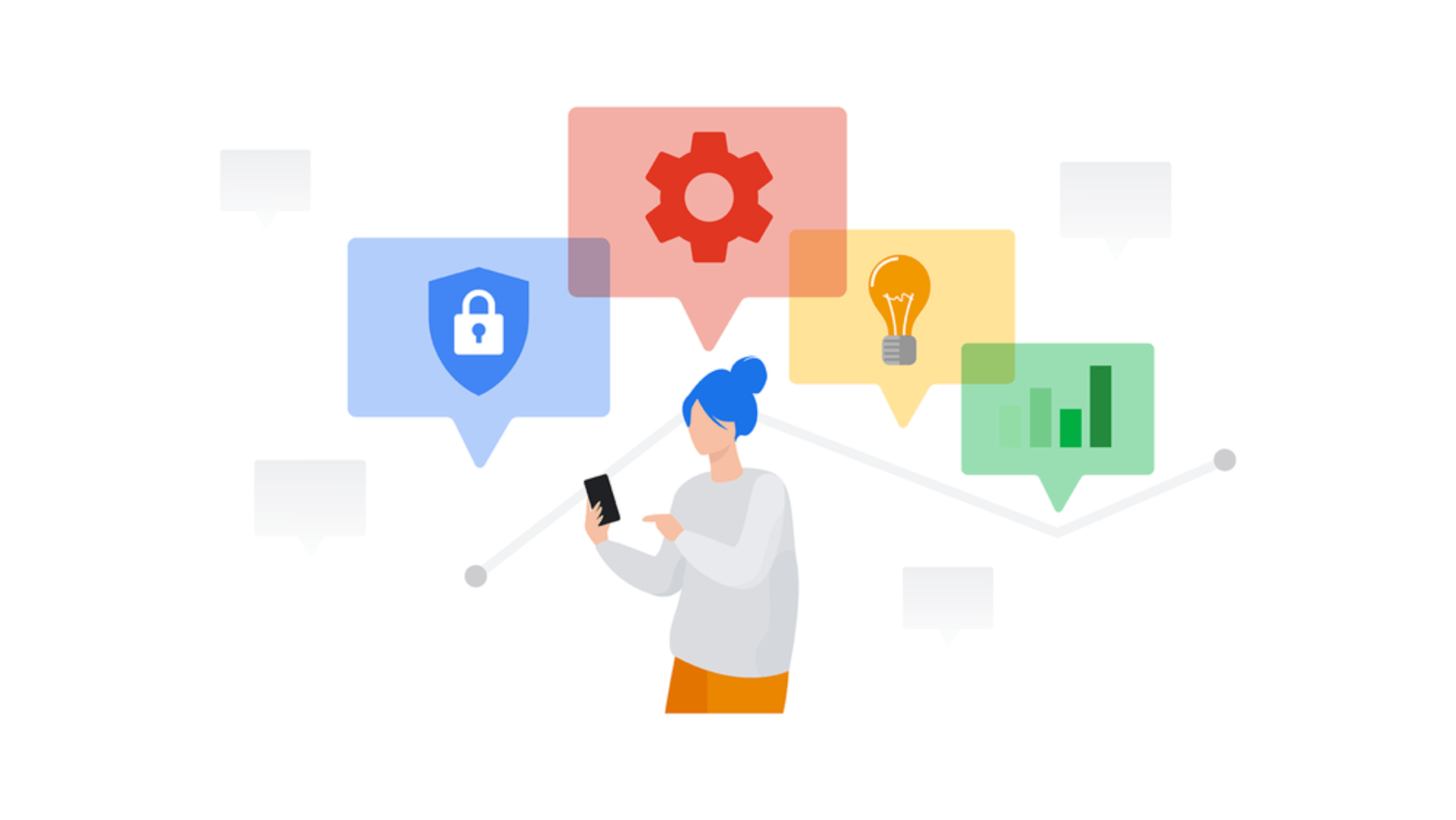 Woman holding a phone, with speech bubbles showing a lock, cog, lightbulb, and bar graph, connected by a line.