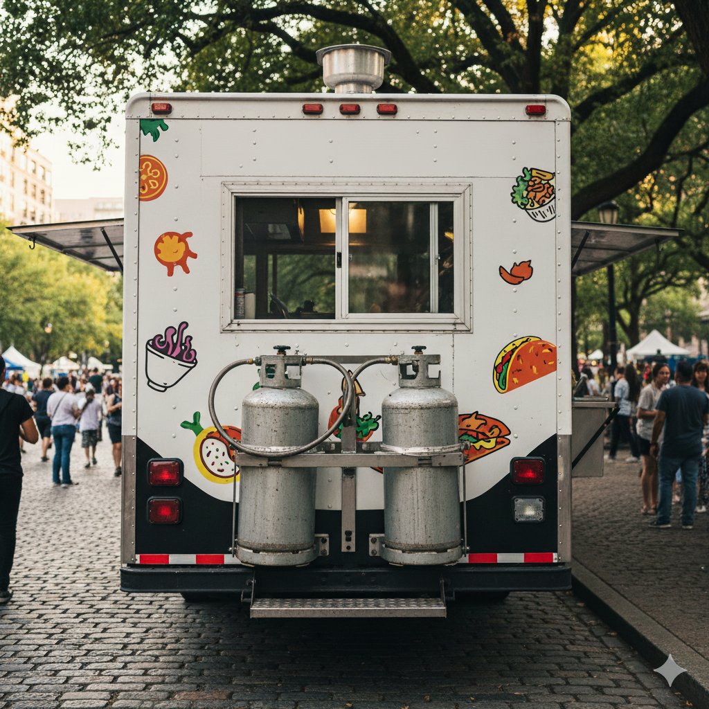 Food truck rear view, decorated with food illustrations, parked on a cobblestone street, people in background.