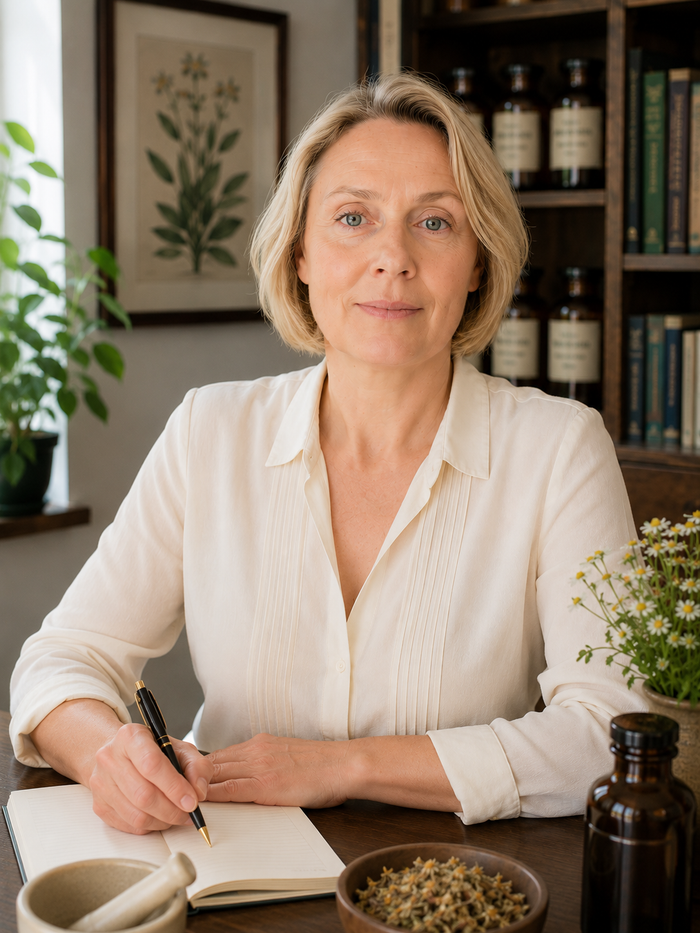 Woman standing indoors in a pink sweater with a stethoscope, beside a white bookshelf.