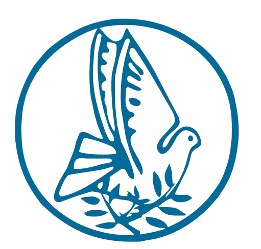A blue circle with a bird and leaves in it