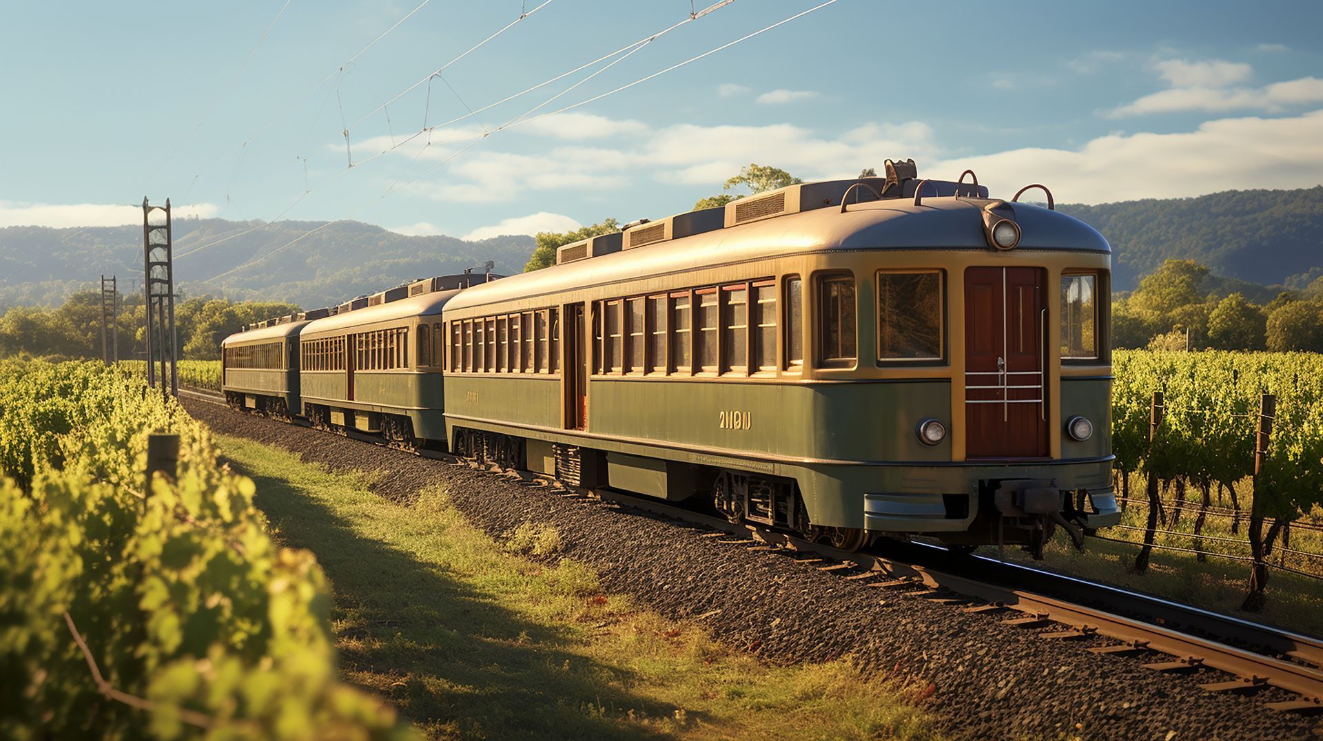 A train is going down the tracks in a vineyard.