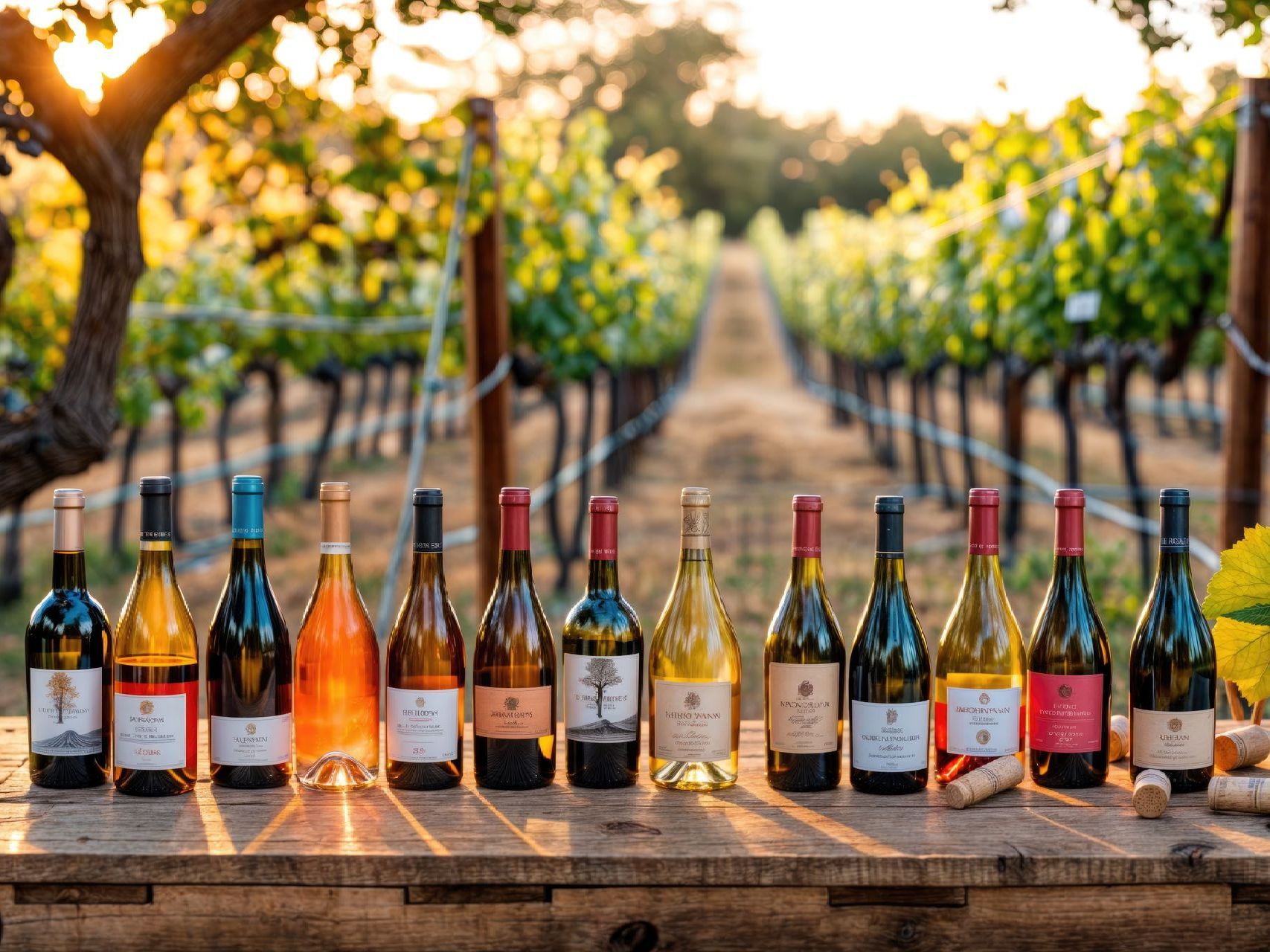 A row of wine bottles are lined up on a wooden table in a vineyard.