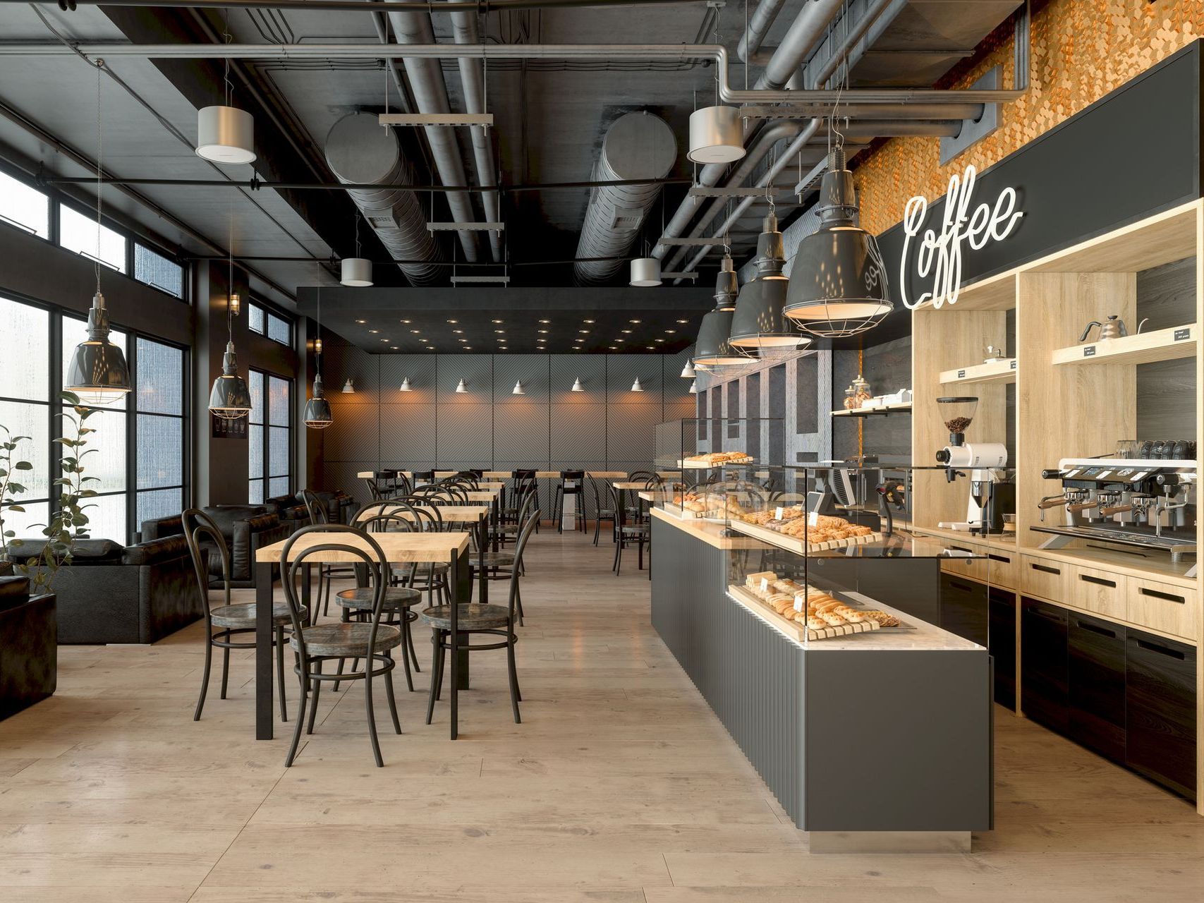 A restaurant with tables and chairs and a coffee bar.