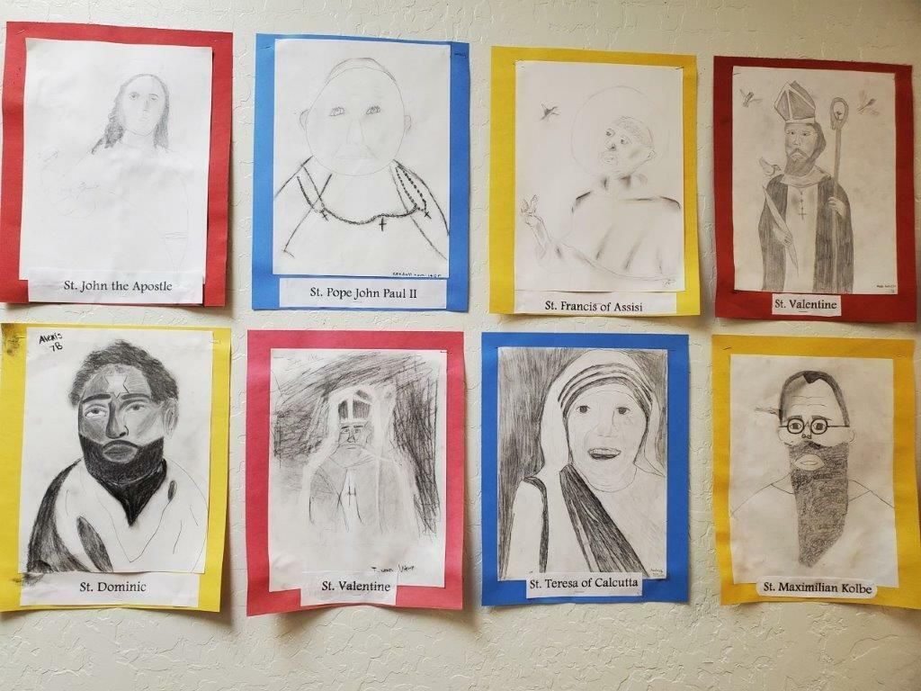 Eight framed pencil portraits displayed in two rows on a white wall.