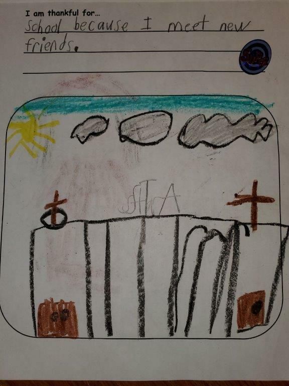 Child’s drawing of a house with sun, clouds, and handwritten text about making new friends.