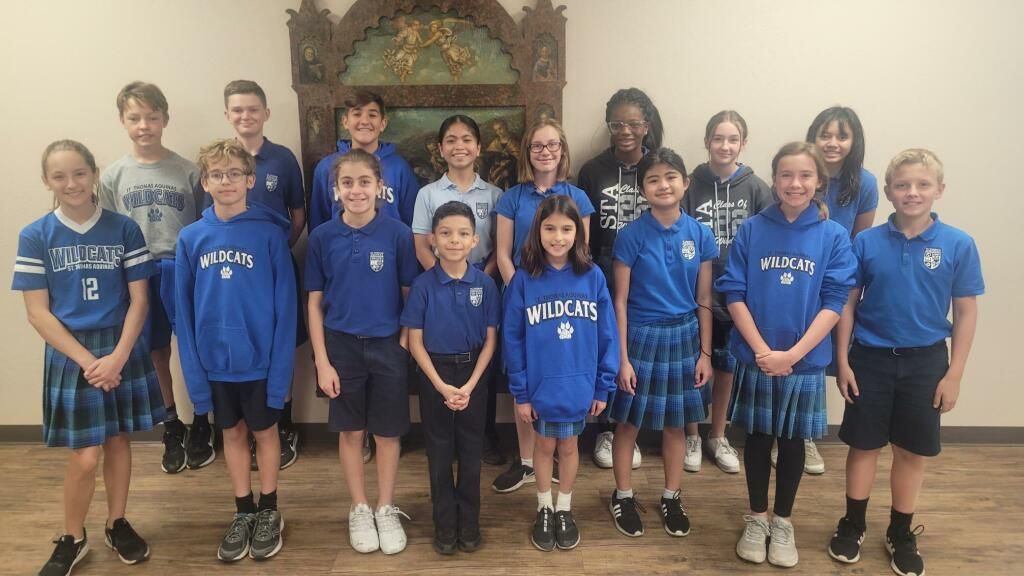 Group of students in blue school uniforms posing indoors in front of a decorative fireplace.