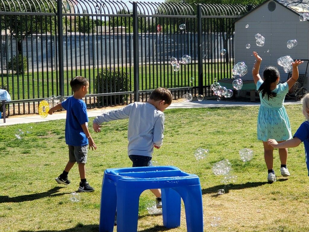 Children playing with bubbles on a grassy lawn near a black fence and a small shed.