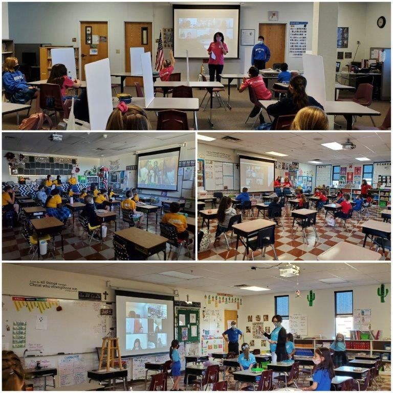 Classrooms with students seated at desks, viewing a presentation on large projector screens.