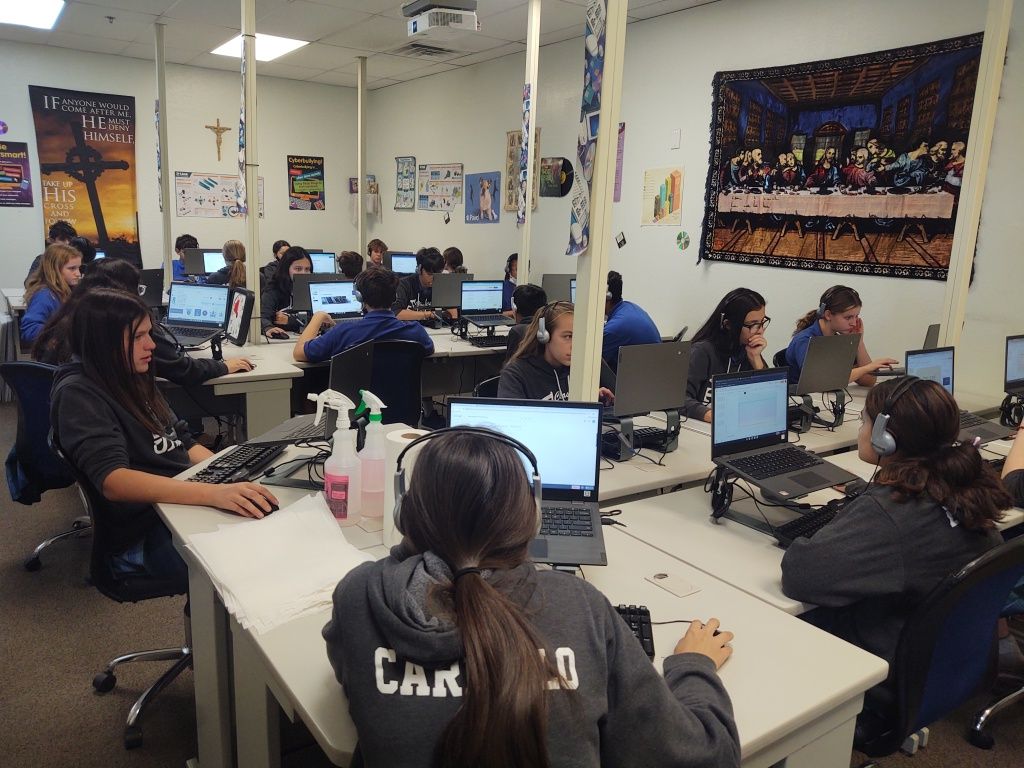 Students working on laptops in a classroom computer lab with tables and wall posters.