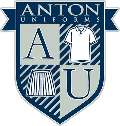Anton Uniforms blue-and-white shield logo with letters A and U and uniform icons