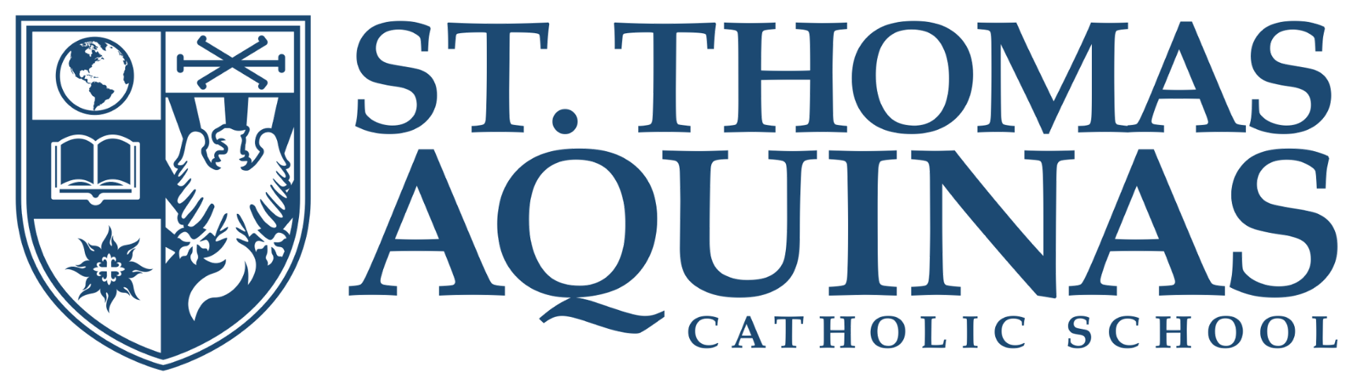 St. Thomas Aquinas Catholic School logo with blue shield crest and navy text on white background