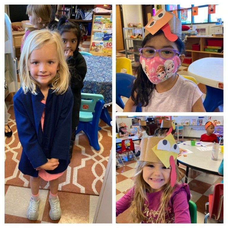 Children in a classroom wearing colorful handmade costumes and masks.