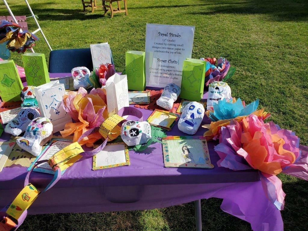 Purple-draped table with colorful gift baskets, candy, and signs displayed on a grassy lawn