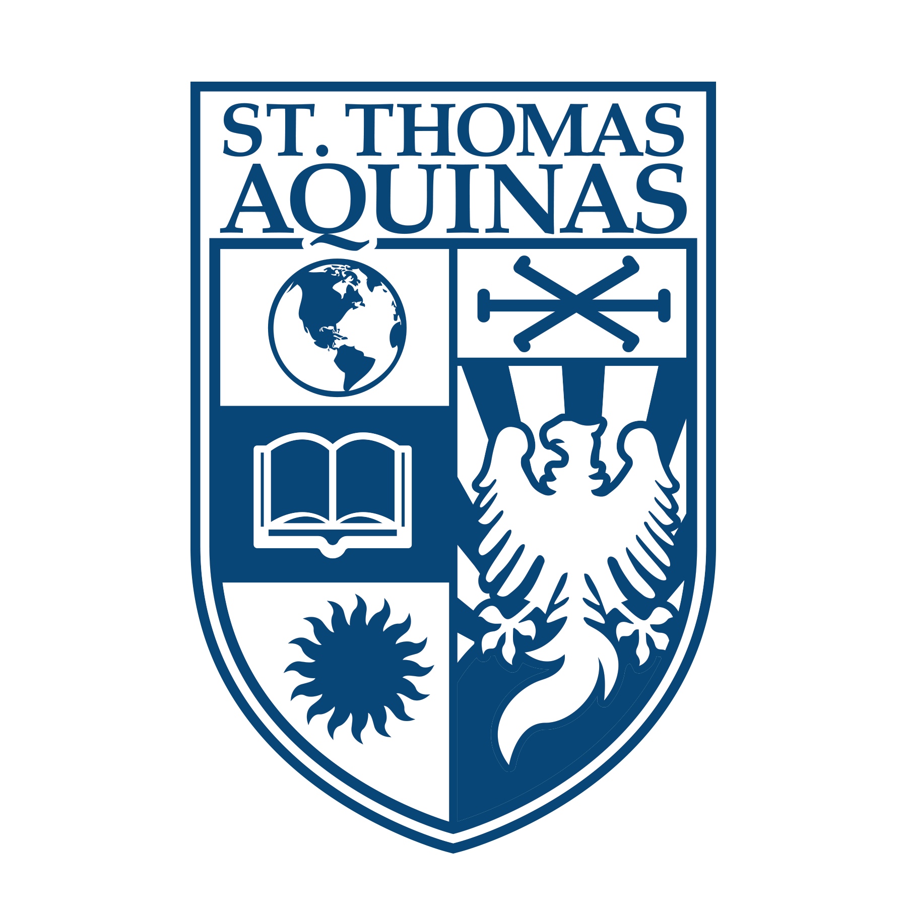 St. Thomas Aquinas shield logo in blue and white with globe, book, sun, and eagle motifs