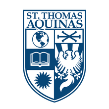 St. Thomas Aquinas shield logo in blue and white with globe, book, sun, and eagle motifs