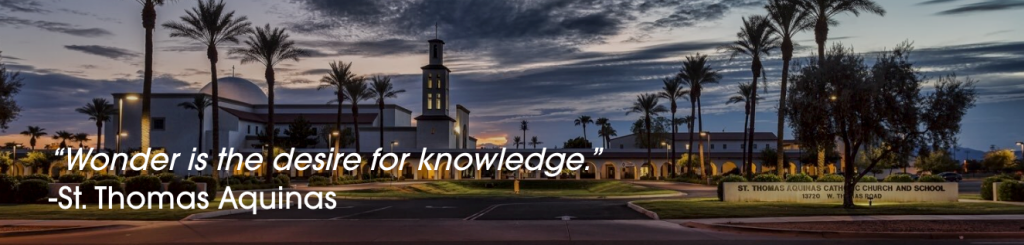 Campus skyline at dusk with palm trees and a lit tower; quote reads, “Wonder is the desire for knowledge.” — St. Thomas Aquinas