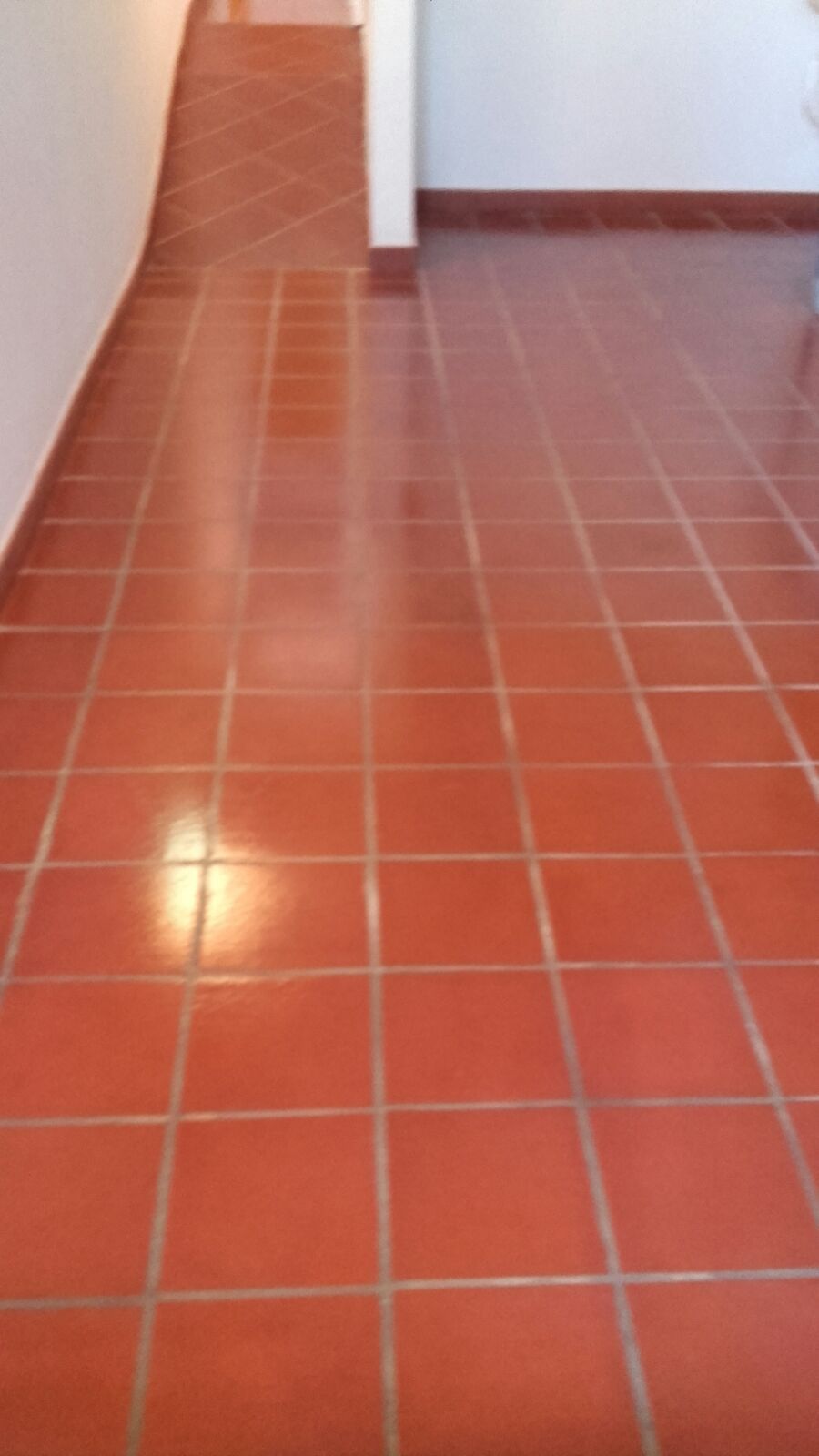 Pavimento in piastrelle rosse e pareti bianche in un corridoio che conduce a una porta e alle scale.