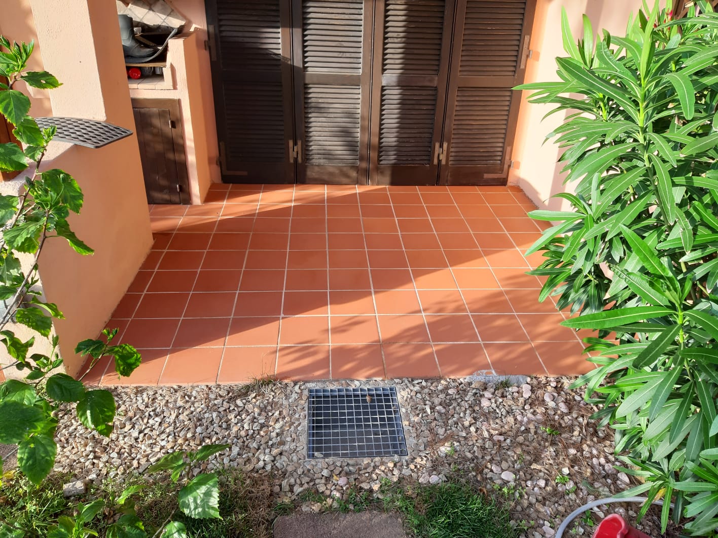Patio rivestito in terracotta con persiane marroni e uno scarico, circondato da piante verdi.
