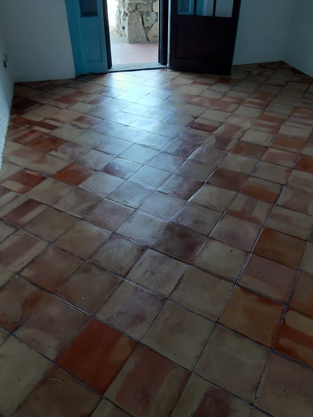 Pavimento piastrellato marrone in una stanza, che conduce alle porte. Sono visibili porte blu e marroni.
