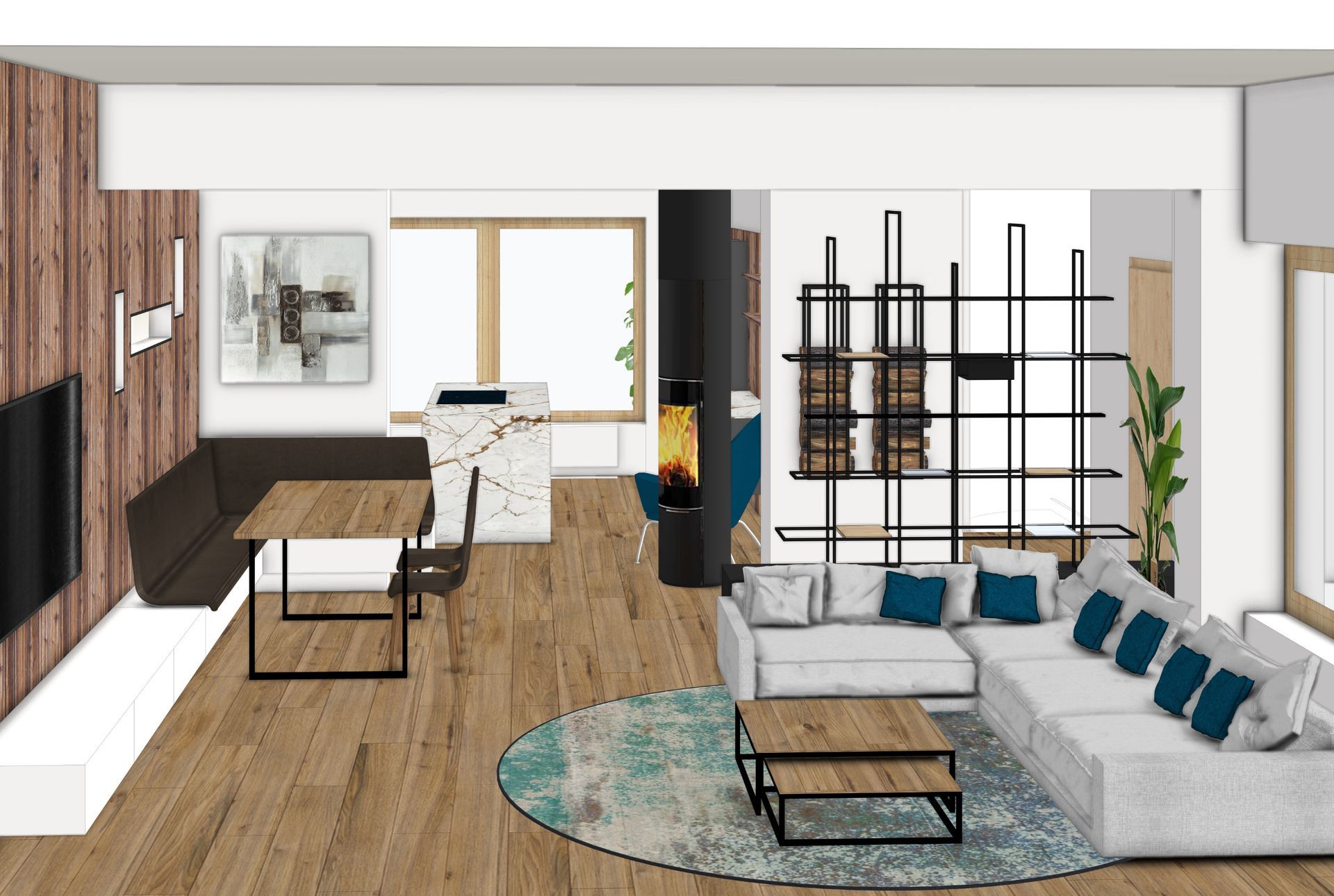 Wohnraum-Planung in 3D, mit Altholz-Wandverkleidung, Design-Heizkamin und Blick auf Essbereich und Terrasse in Leobersdorf