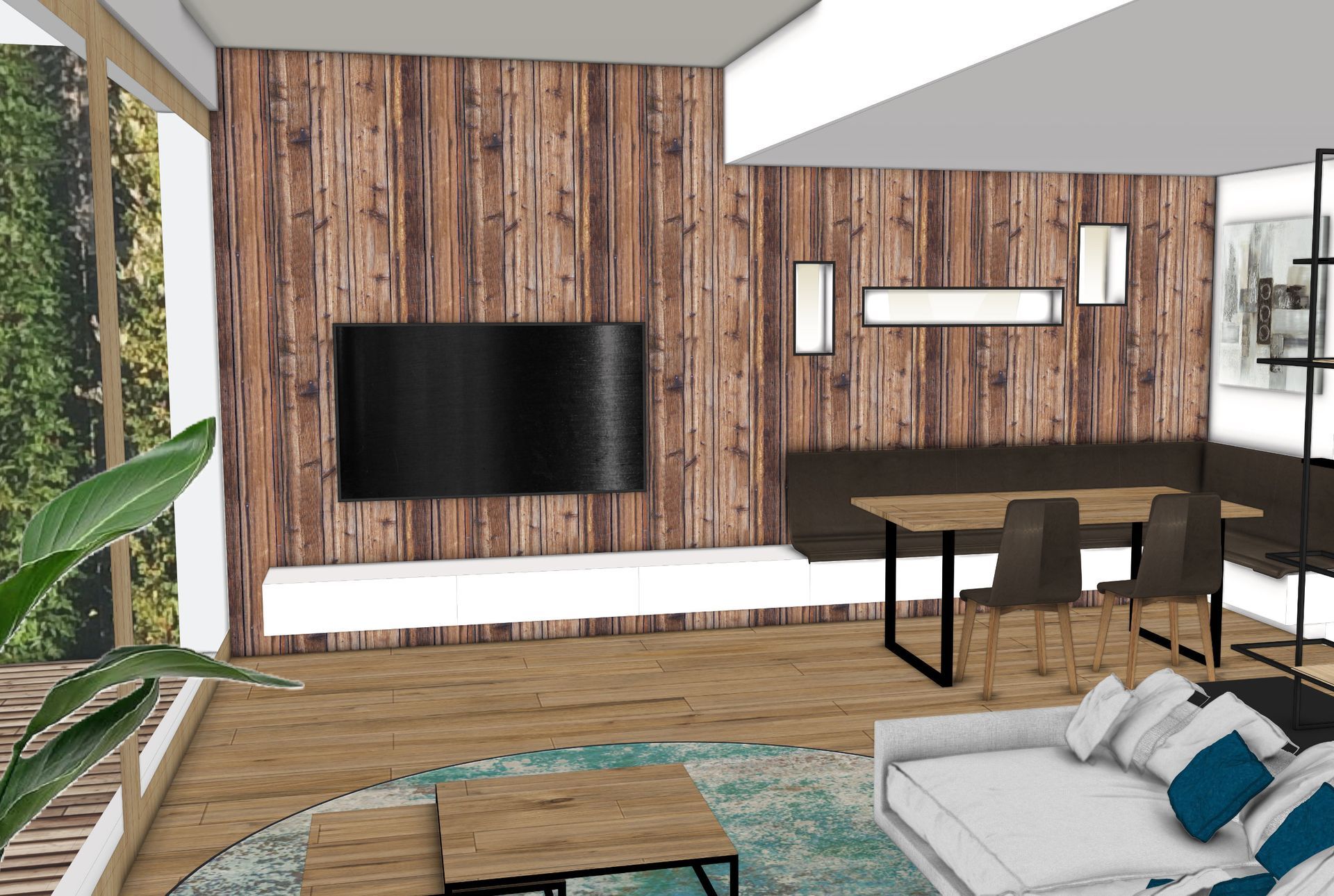 Wohnzimmer mit Altholzwand, TV-Möbel, Designkamin und Blick zur Terrasse