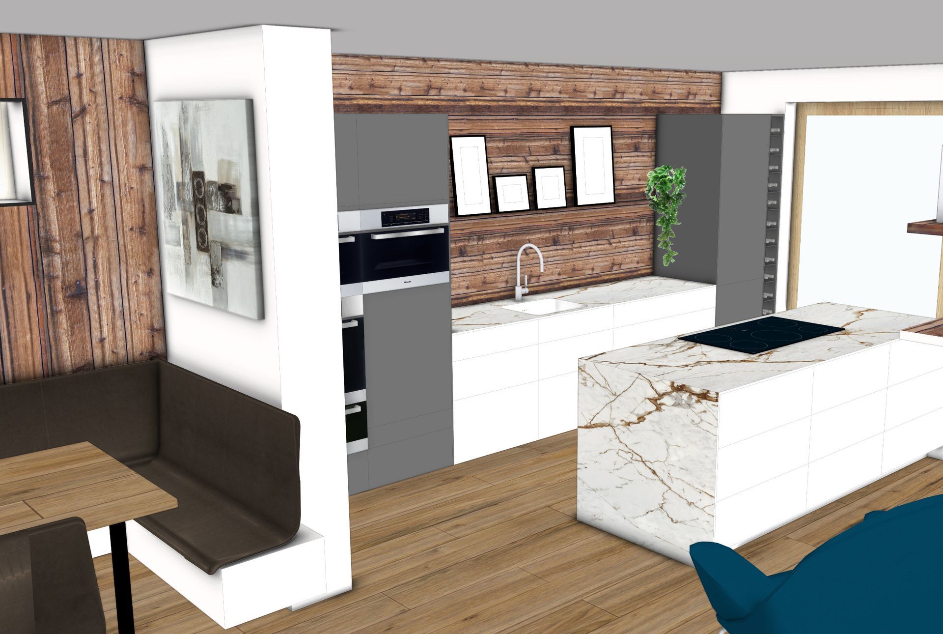 Moderne Küchenplamumg in 3D, Küchenmöbel in Graphit mit Dekton-Arbeitsplatte in Marmoroptik und Altholz-Rückwand