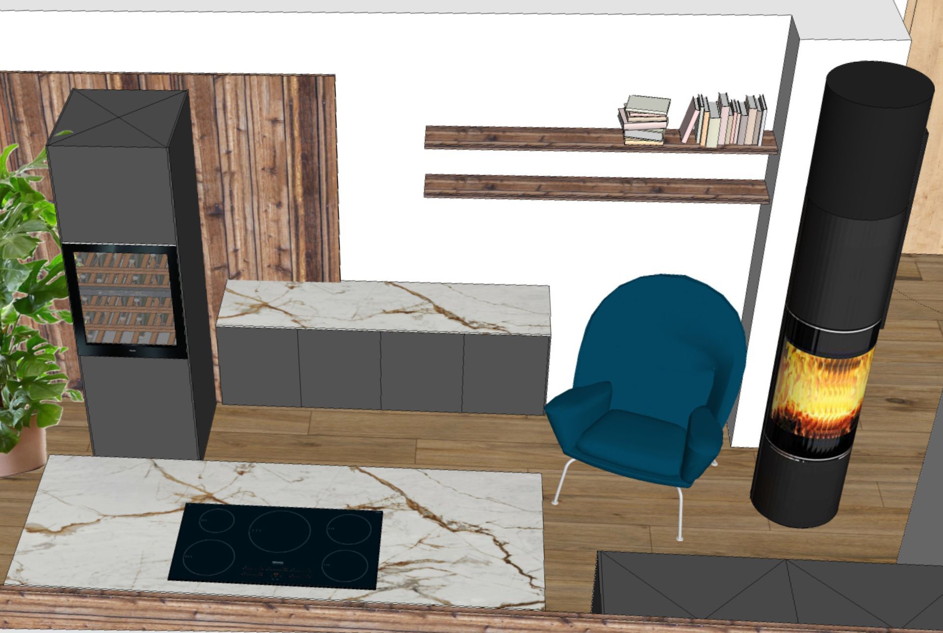 3D-Visualisierung des offenen Wohnraums mit Sofa, Kamin und Altholz-Konzept