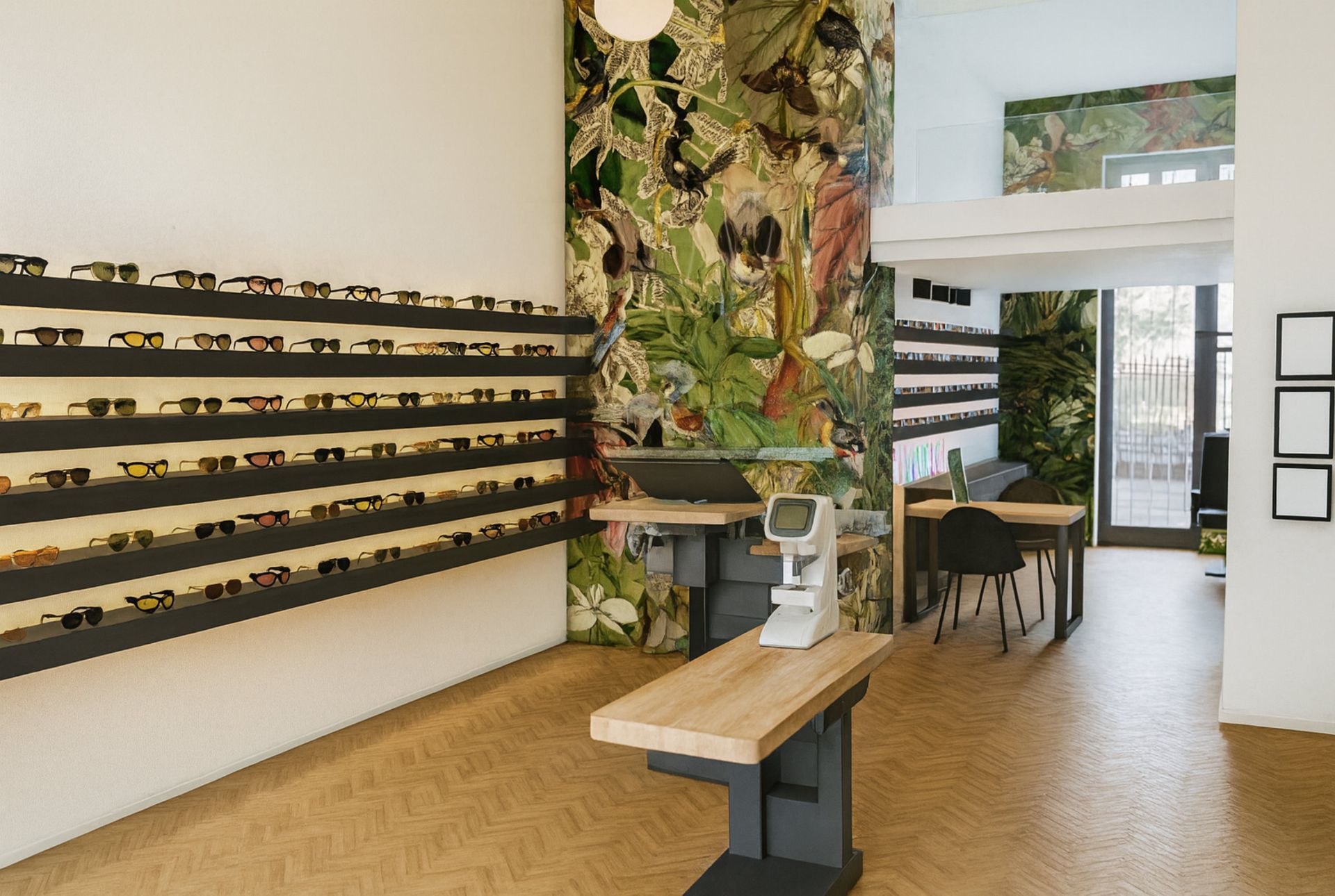 Innenansicht eines Optikergeschäfts mit Brillenauslagen, gemusterter Tapete und Untersuchungsgeräten.