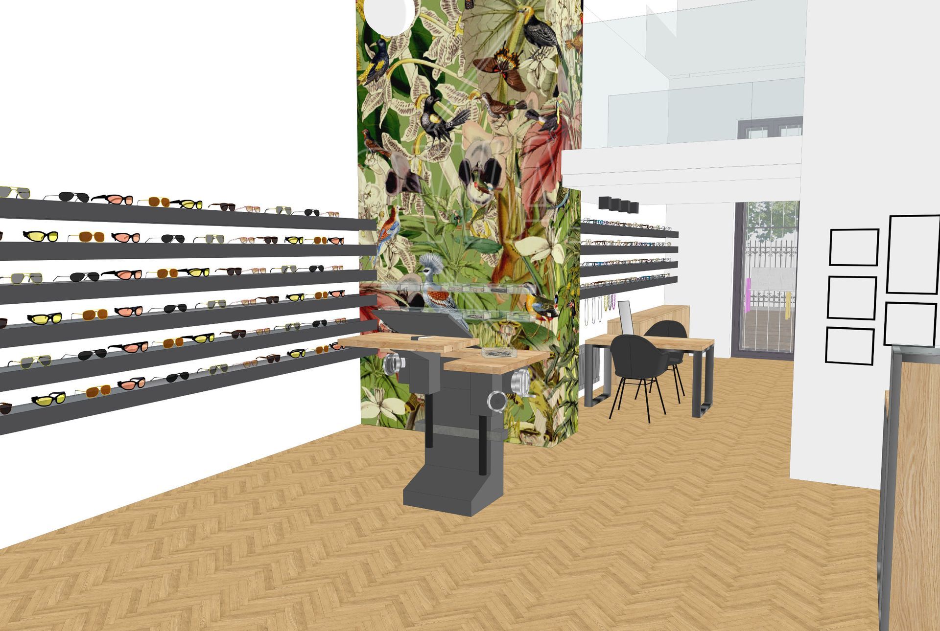 SketchUp-Visualisierung des Optiker-Shops Augenblicke in Mödling mit Verkaufspult, Brillenpräsentation und sichtbarer Werkstatt