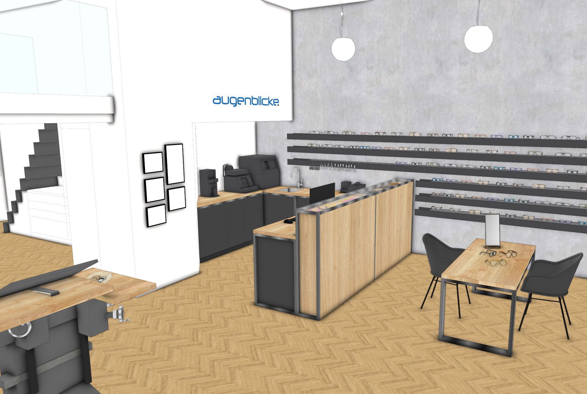 3D-Visualisierung der Brillenpräsentation mit LED-Lichtband, Designtapete und Beratungstisch