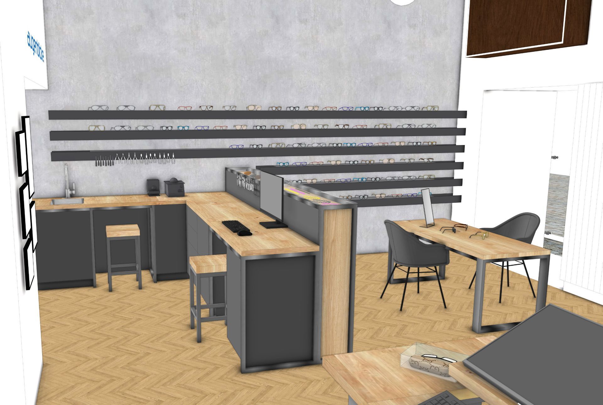 3D-Entwurf des Optiker-Geschäfts in Mödling mit rohen Stahlträgern, Designtapete und Brillenpräsentation
