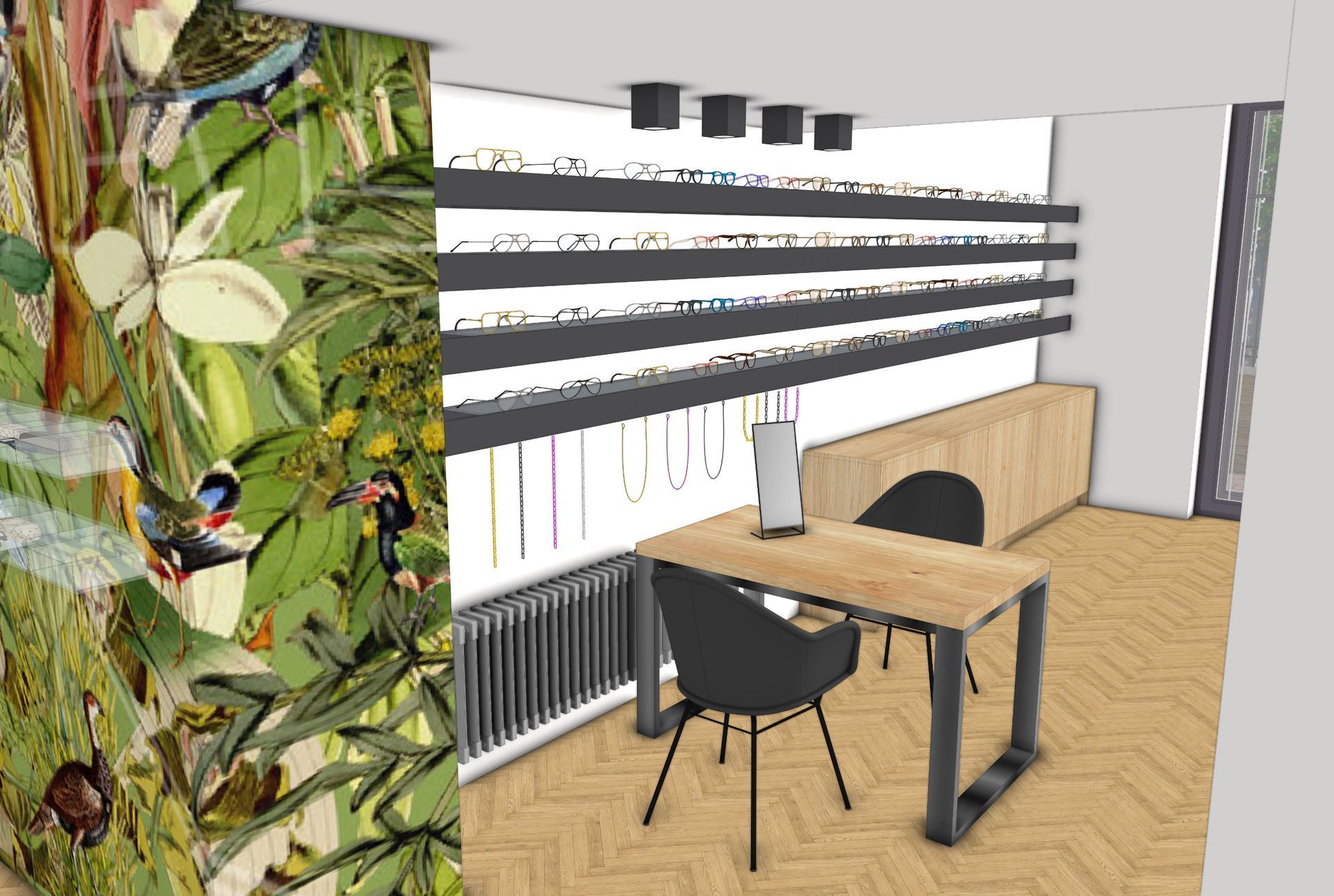 SketchUp-Zeichnung des Verkaufsbereichs mit Holzpult, Stahlträgern und Präsentationsflächen für Brillen