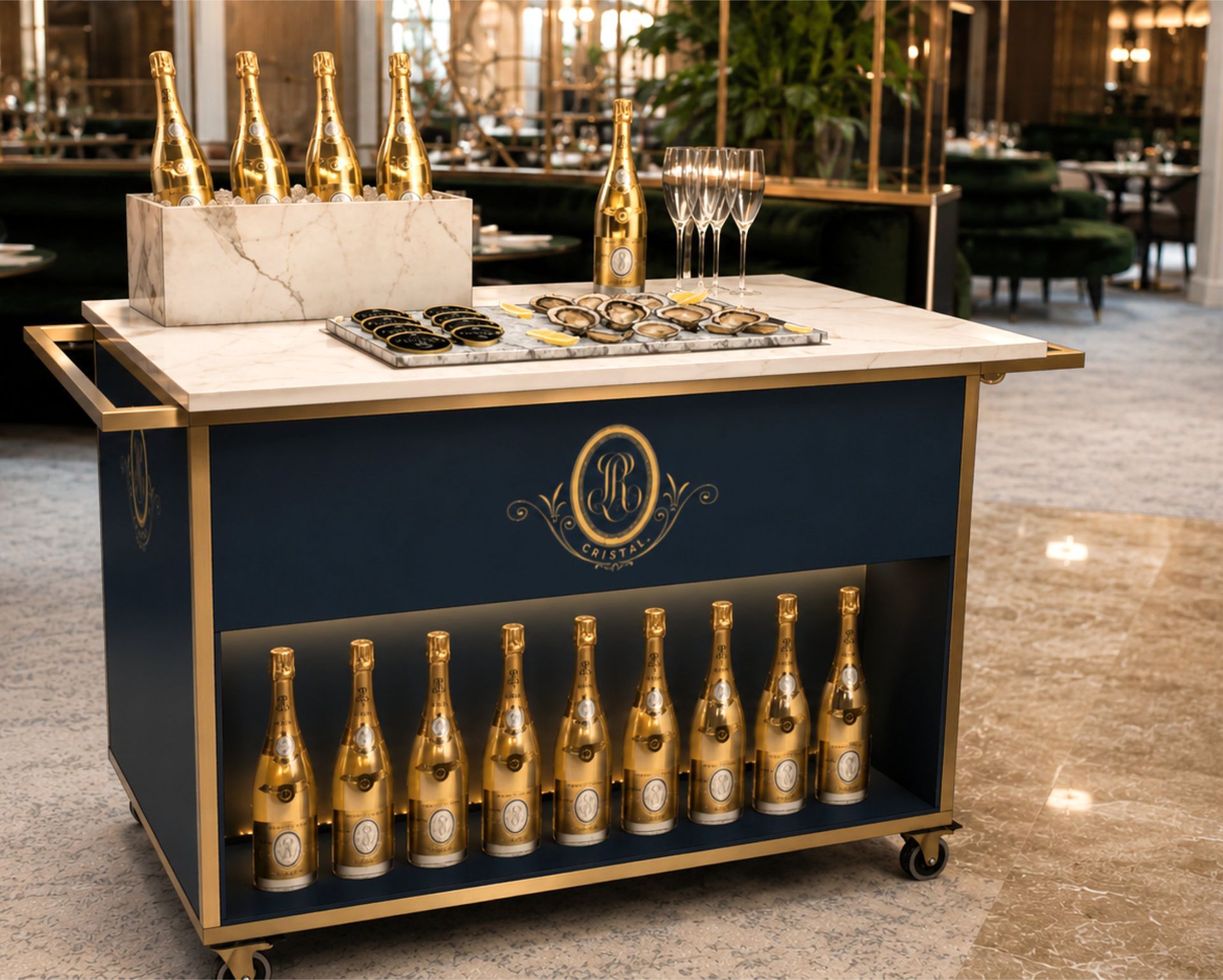 Mobiler Champagnerwagen für Events mit hochwertiger Produktpräsentation, Marmorplatte und Branding
