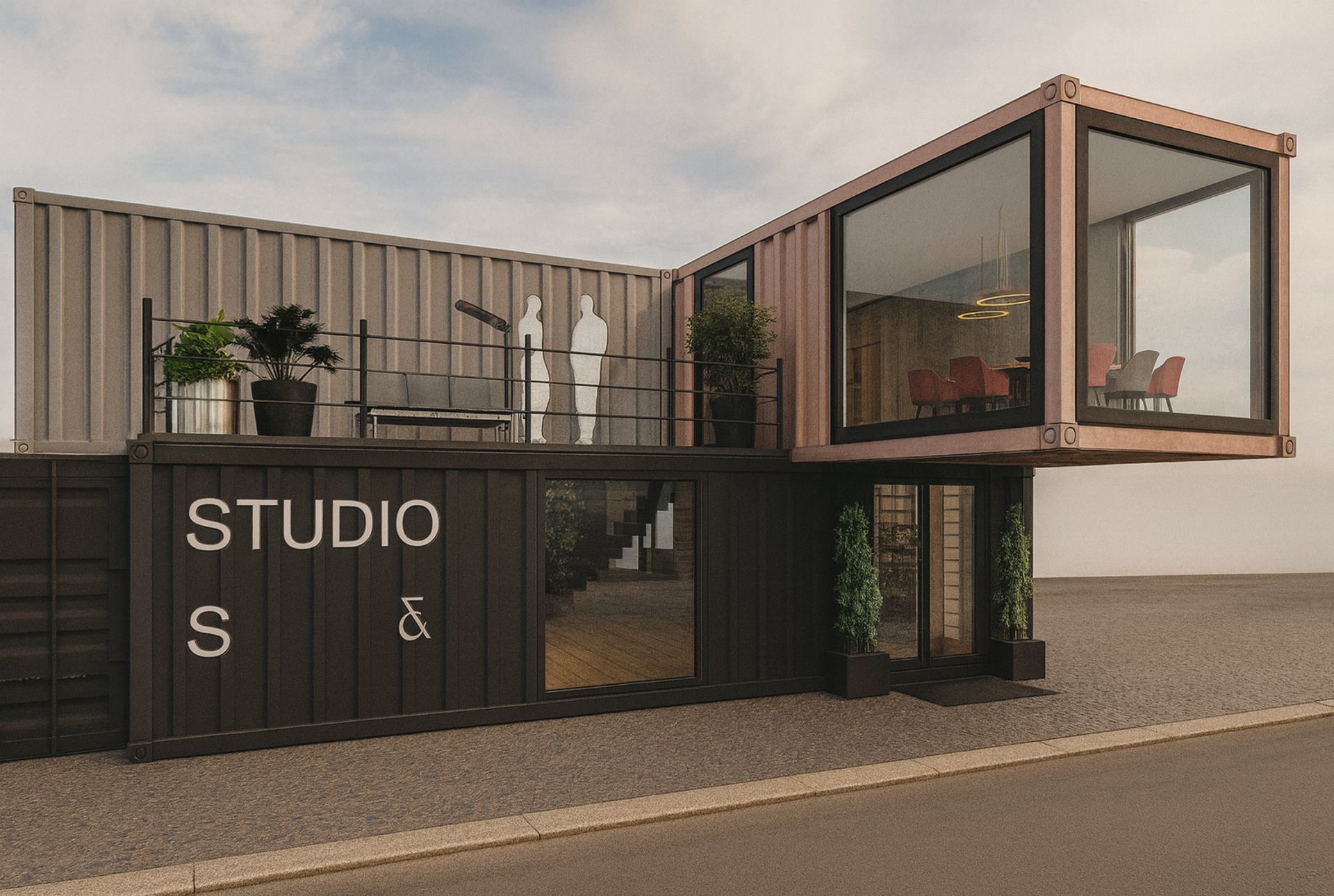 Modernes Containerbüro mit Galerie und großzügigen Glasflächen – Konzept für nachhaltige Büroplanung in Wiener Neustadt