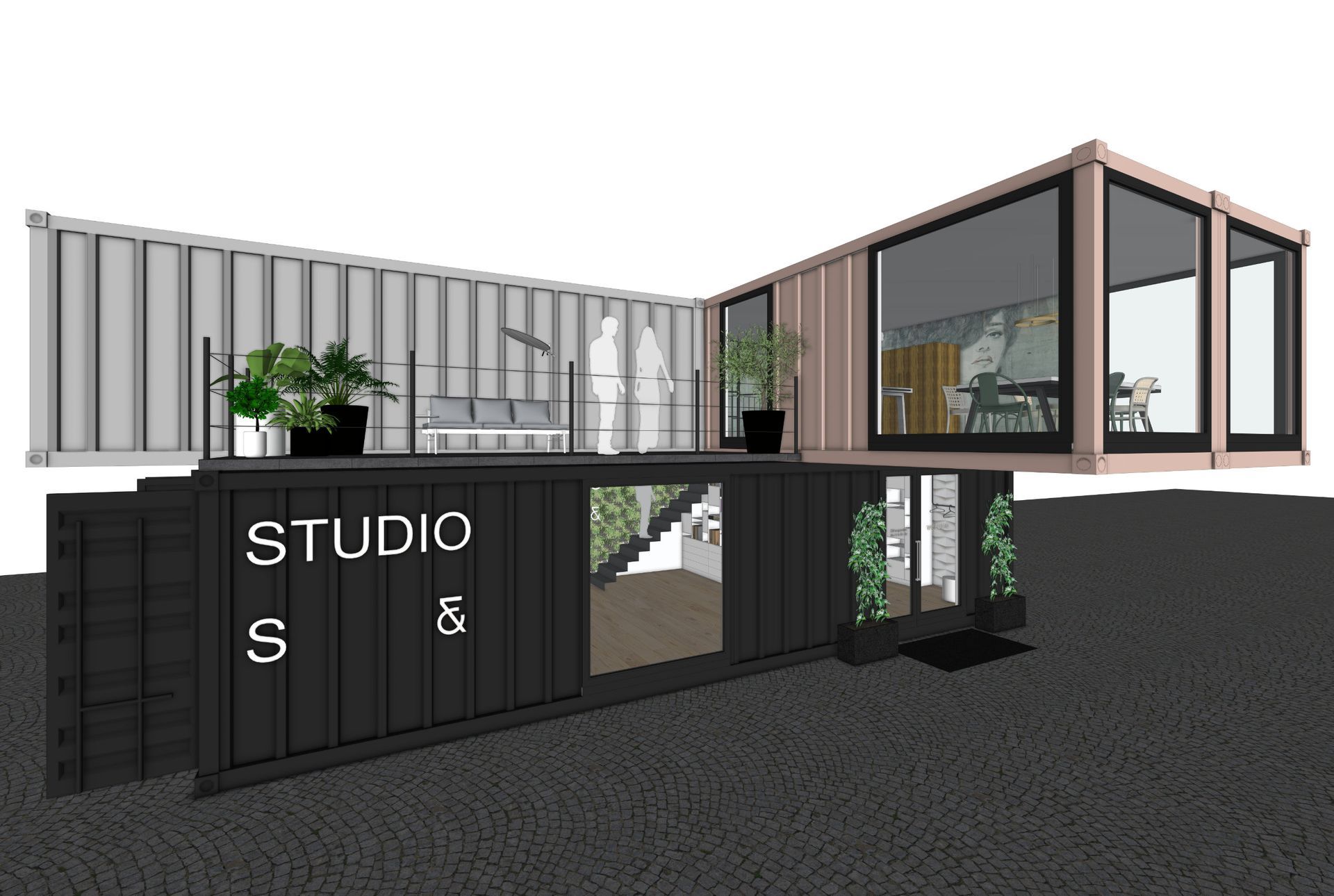 Nachhaltiges Office-Konzept mit recycelten Schiffscontainern, Dachterrasse und moderner Architektur - Studio in einem Schiffscontainer mit schwarz-weißen Containern, Glasfenstern und Pflanzen. Auf einem schwarzen Container steht „Studio S &“.