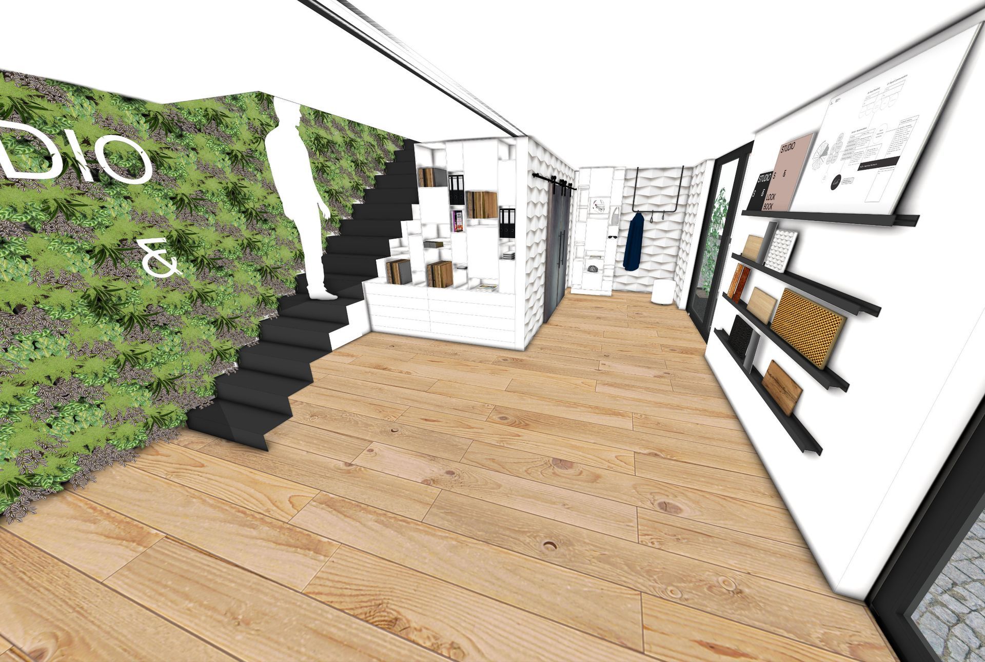 Innenarchitektur für modernes Büro mit Galerie, Pflanzenwand und offener Raumgestaltung