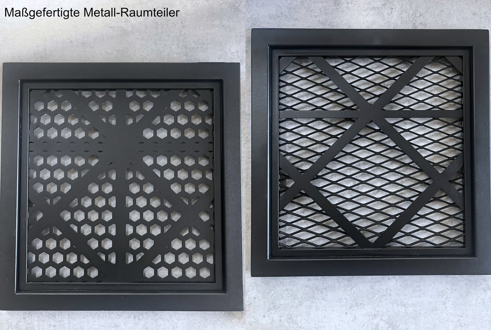 Muster der maßgefertigten Metall-Raumteiler aus Streckmetall und Lasercut-Elementen für das Interior Design von Gasthaus K